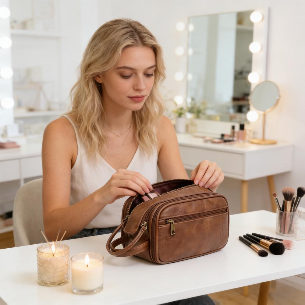 Men'S Grooming Bag - Travel Makeup Bag Faux Leather Toiletry